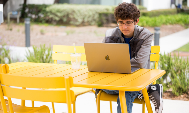 A student studies on his computer at LMU.